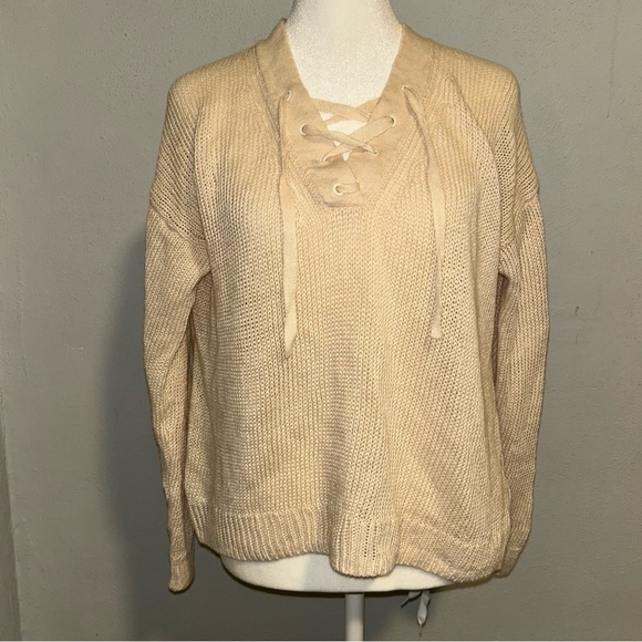 J. Crew Beige Lace-Up V-Neck Sweater crochet knit - Picture 4 of 5